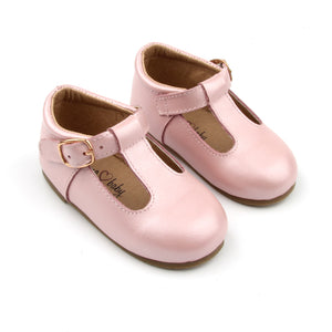 ‘Florence’ Leather T-Bar Shoes (Frosty Blush) - hard sole