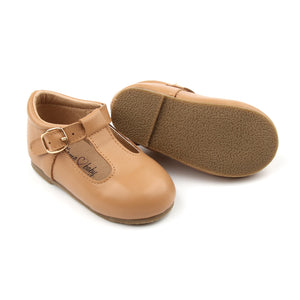 ‘Florence’ Leather T-Bar Shoes (Latte) - hard sole