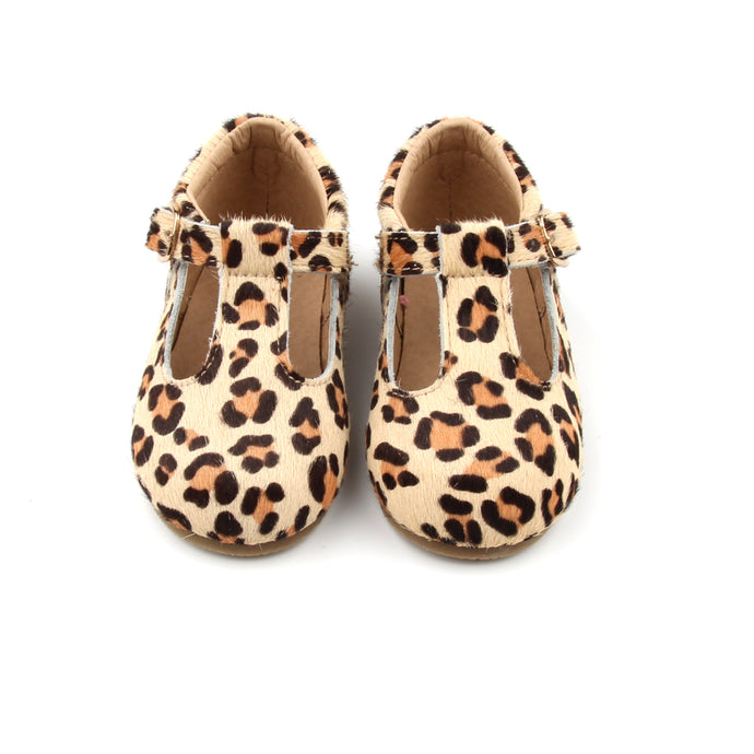 ‘Florence’ Leather T-Bar Shoes (Leopard) - hard sole
